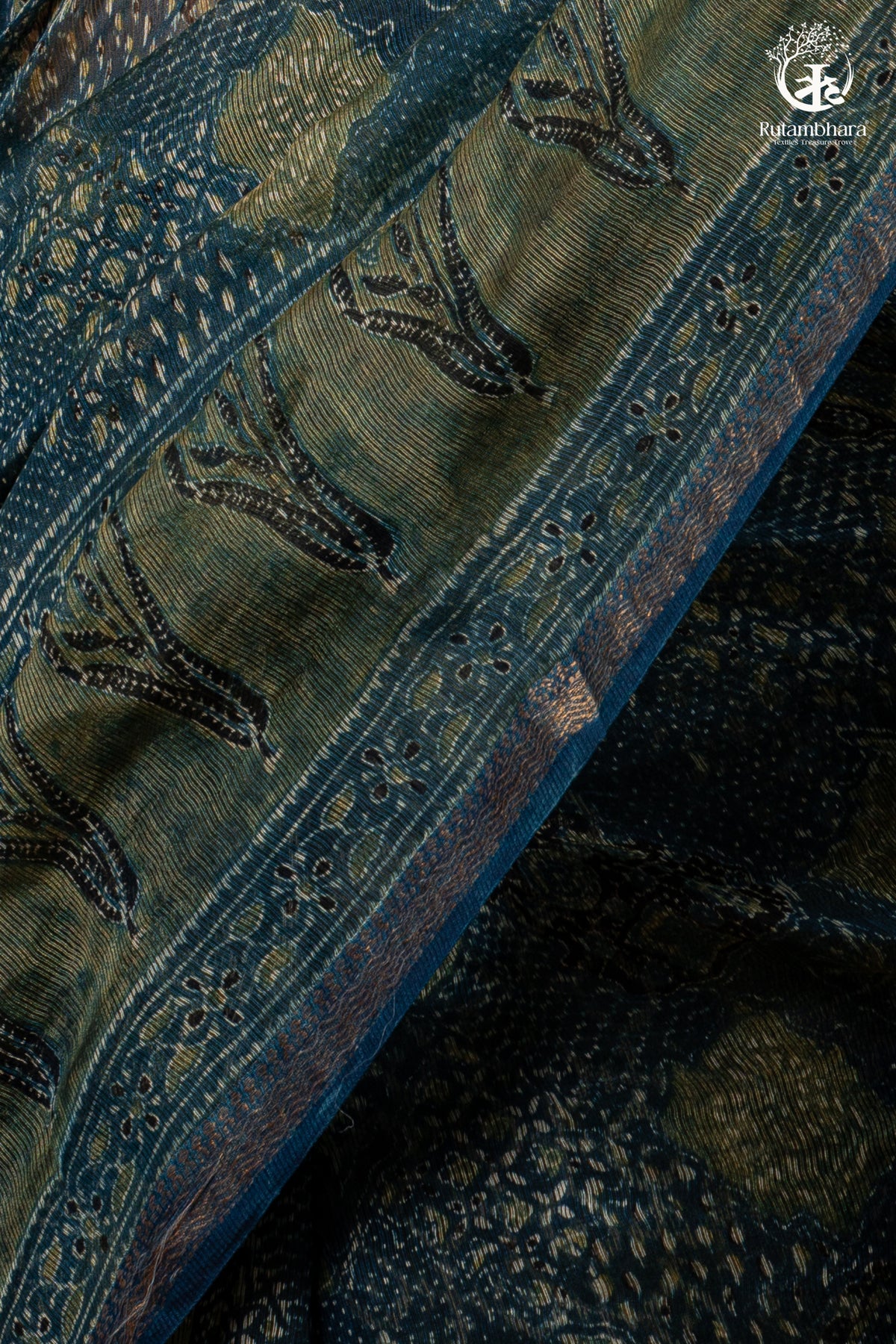 Ushraa - Indigo Ajrakh Print Kota Silk Cotton Saree with Subtle Zari Charm