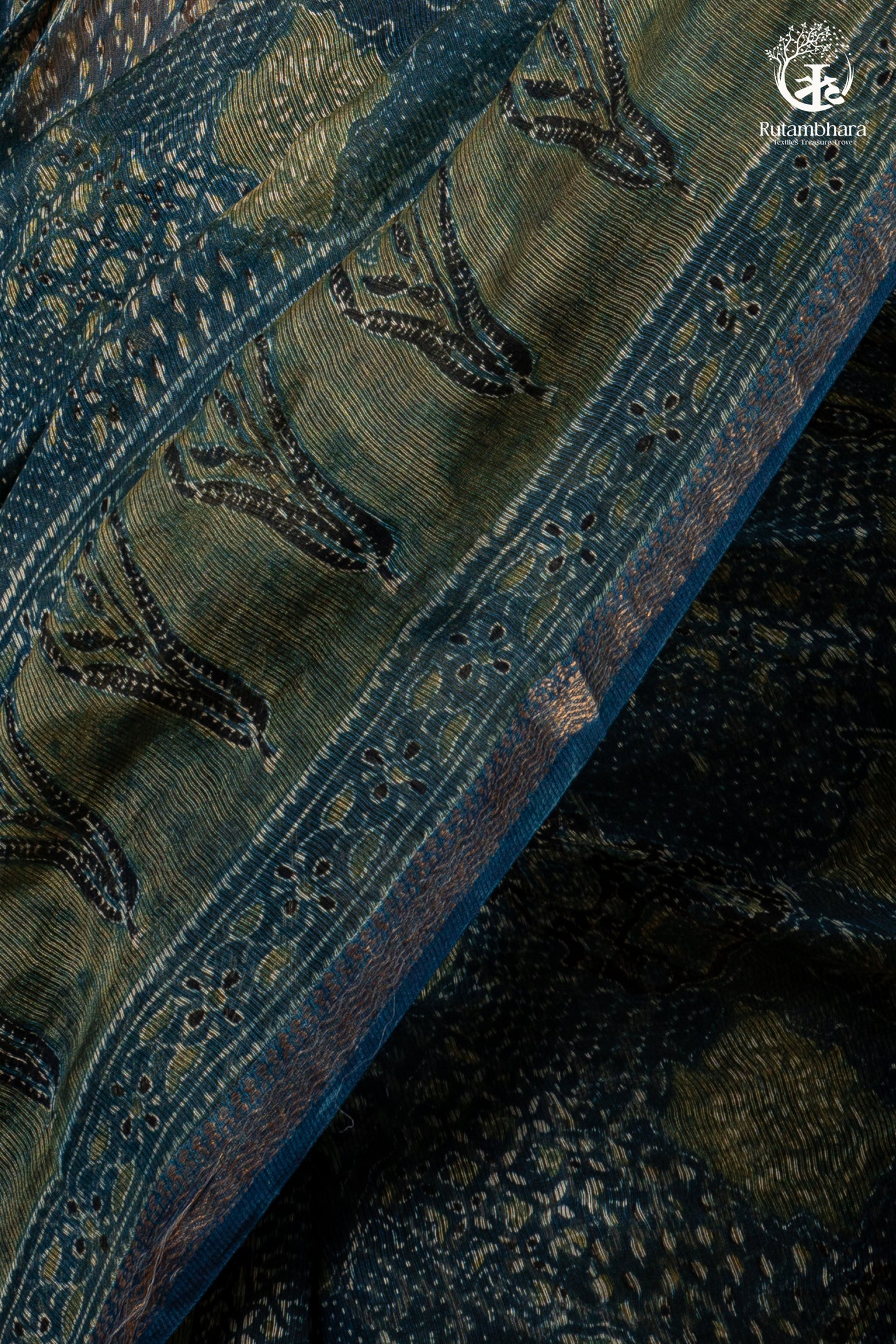 Ushraa - Indigo Ajrakh Print Kota Silk Cotton Saree with Subtle Zari Charm