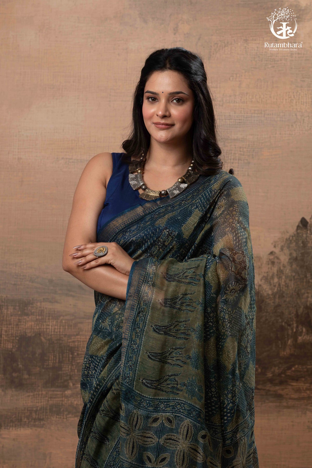 Ushraa - Indigo Ajrakh Print Kota Silk Cotton Saree with Subtle Zari Charm