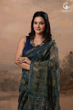 Ushraa - Indigo Ajrakh Print Kota Silk Cotton Saree with Subtle Zari Charm-RUTAMBHARA -RUTAMBHARA
