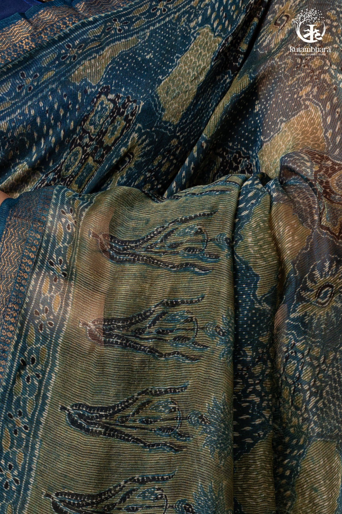 Ushraa - Indigo Ajrakh Print Kota Silk Cotton Saree with Subtle Zari Charm