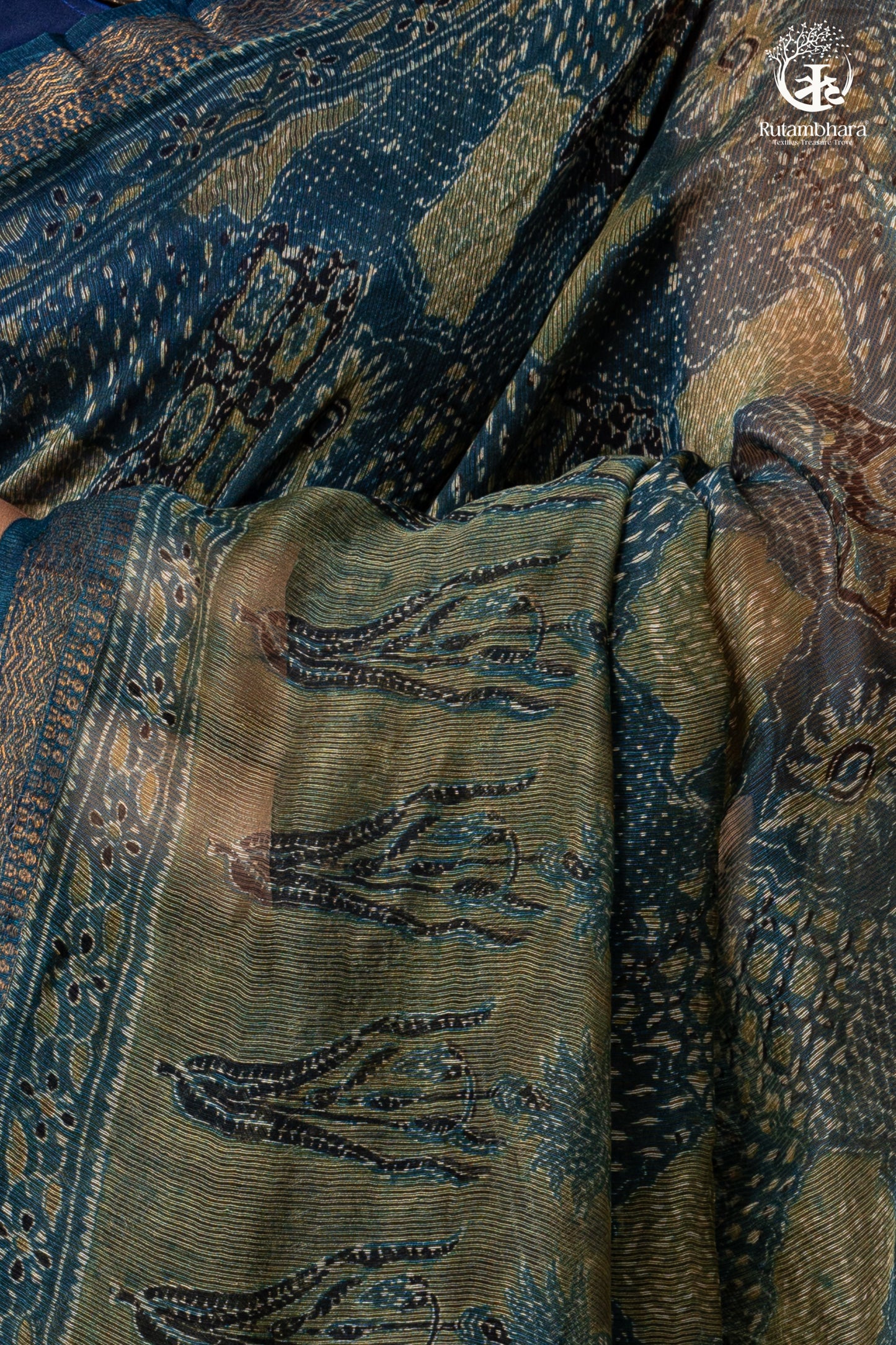 Ushraa - Indigo Ajrakh Print Kota Silk Cotton Saree with Subtle Zari Charm