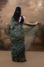 Ushraa - Indigo Ajrakh Print Kota Silk Cotton Saree with Subtle Zari Charm-RUTAMBHARA -RUTAMBHARA