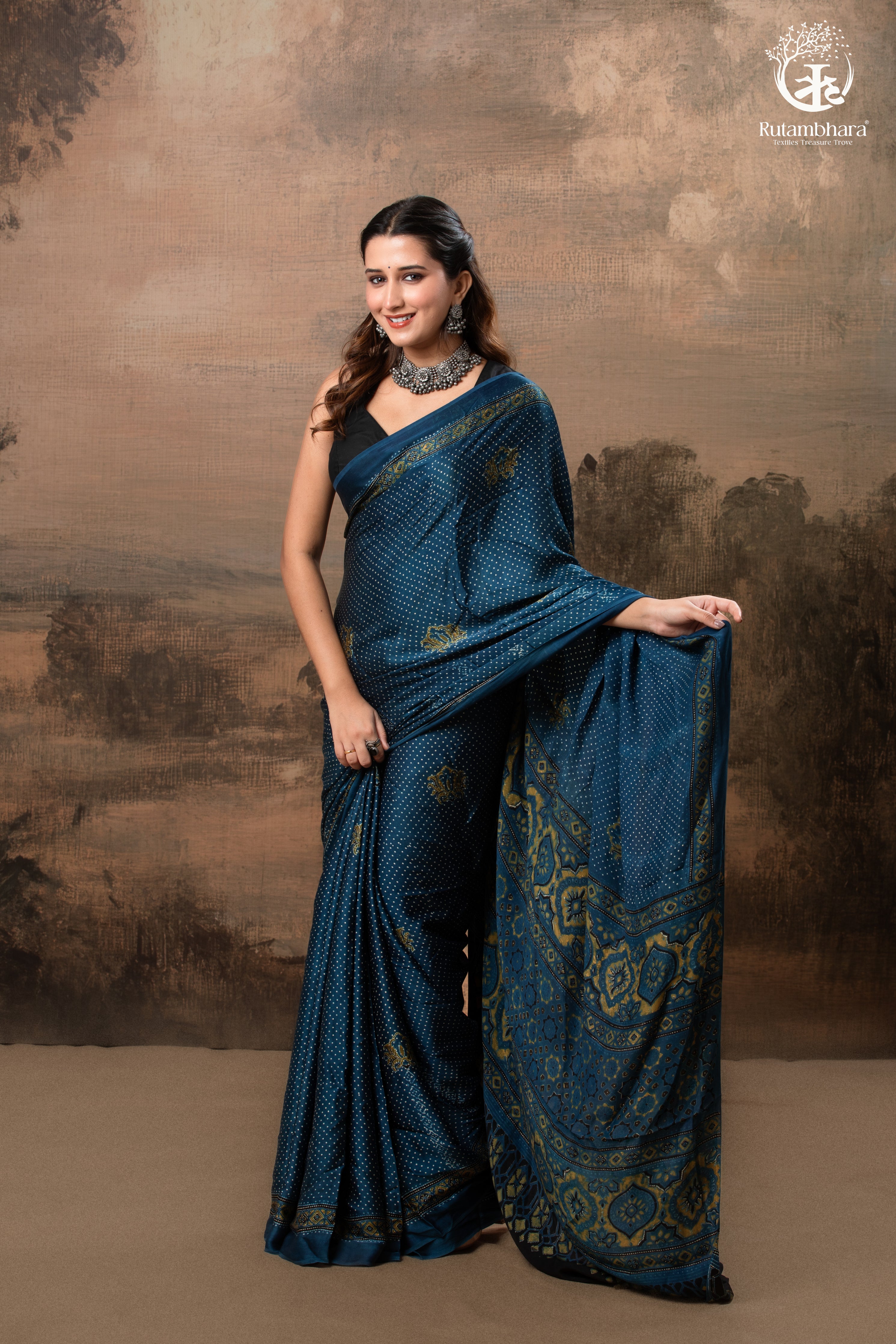 Ushraa - Indigo  Polka Dot Ajrakh Hand Block Printed Saree in Modal Silk