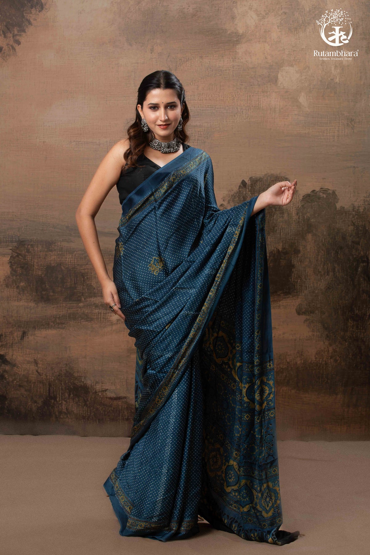 Ushraa - Indigo  Polka Dot Ajrakh Hand Block Printed Saree in Modal Silk