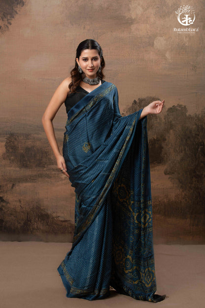 Ushraa - Indigo Polka Dot Ajrakh Hand Block Printed Saree in Modal Silk-RUTAMBHARA-RUTAMBHARA