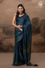 Ushraa - Indigo Polka Dot Ajrakh Hand Block Printed Saree in Modal Silk-RUTAMBHARA-RUTAMBHARA