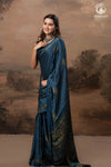 Ushraa - Indigo  Polka Dot Ajrakh Hand Block Printed Saree in Modal Silk