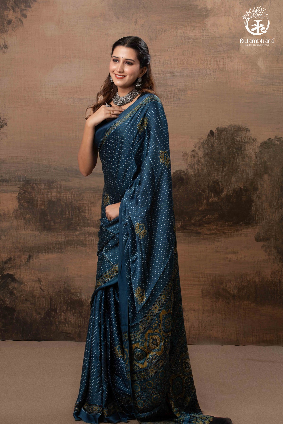 Ushraa - Indigo  Polka Dot Ajrakh Hand Block Printed Saree in Modal Silk