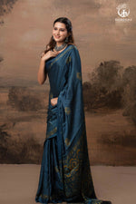 Ushraa - Indigo Polka Dot Ajrakh Hand Block Printed Saree in Modal Silk-RUTAMBHARA-RUTAMBHARA