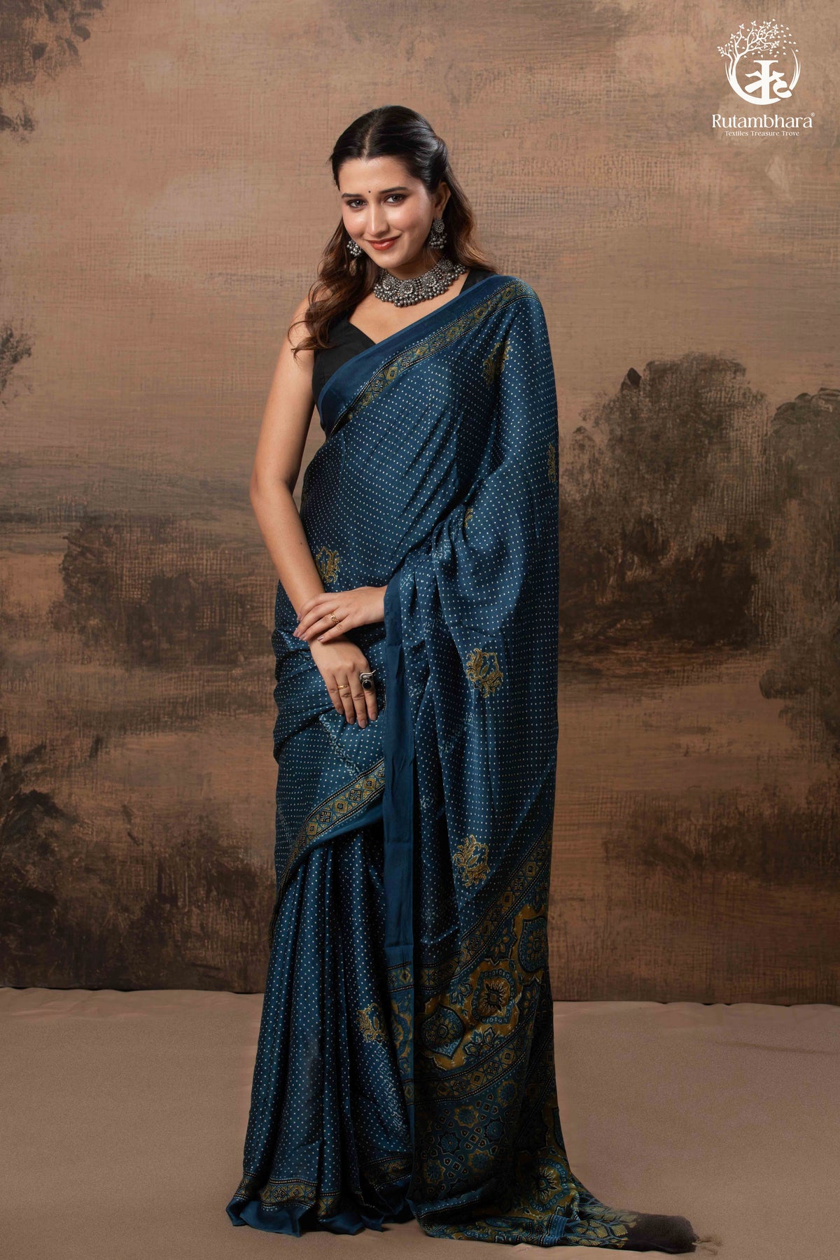 Ushraa - Indigo  Polka Dot Ajrakh Hand Block Printed Saree in Modal Silk