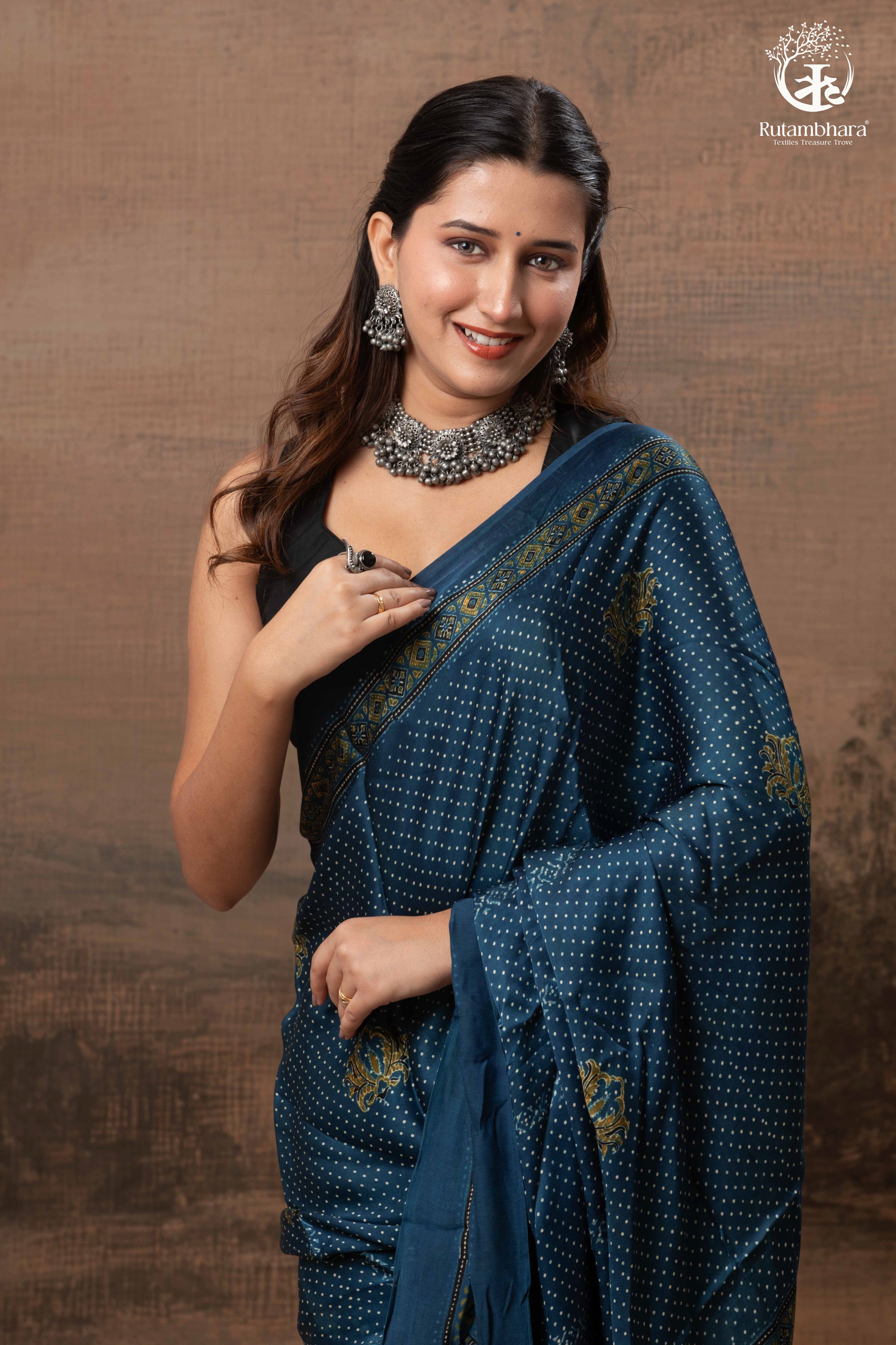 Ushraa - Indigo  Polka Dot Ajrakh Hand Block Printed Saree in Modal Silk