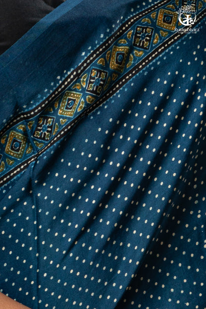 Ushraa - Indigo Polka Dot Ajrakh Hand Block Printed Saree in Modal Silk-RUTAMBHARA-RUTAMBHARA