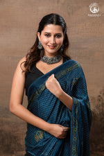 Ushraa - Indigo Polka Dot Ajrakh Hand Block Printed Saree in Modal Silk-RUTAMBHARA-RUTAMBHARA