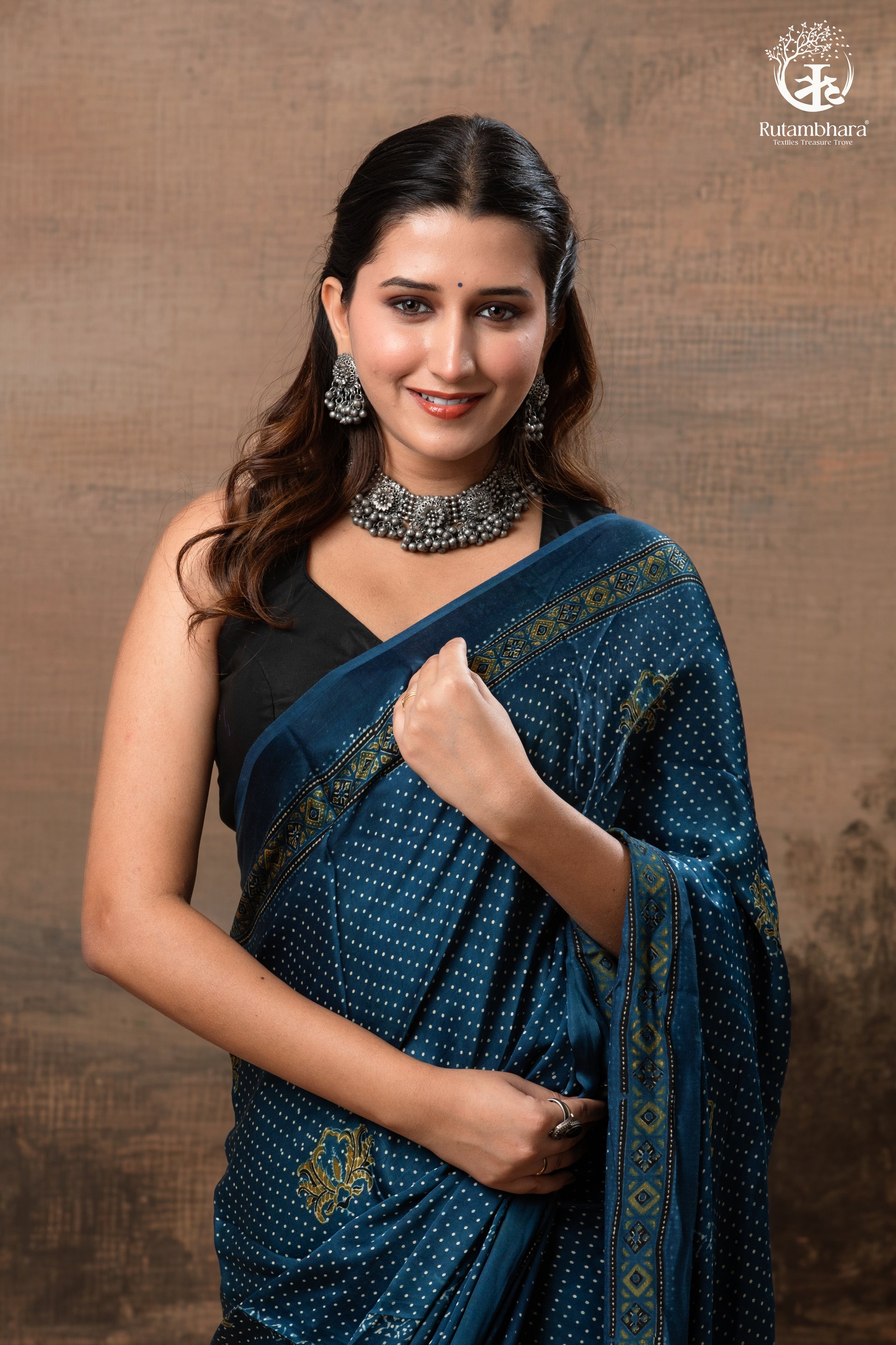 Ushraa - Indigo Polka Dot Ajrakh Hand Block Printed Saree in Modal Silk-RUTAMBHARA-RUTAMBHARA