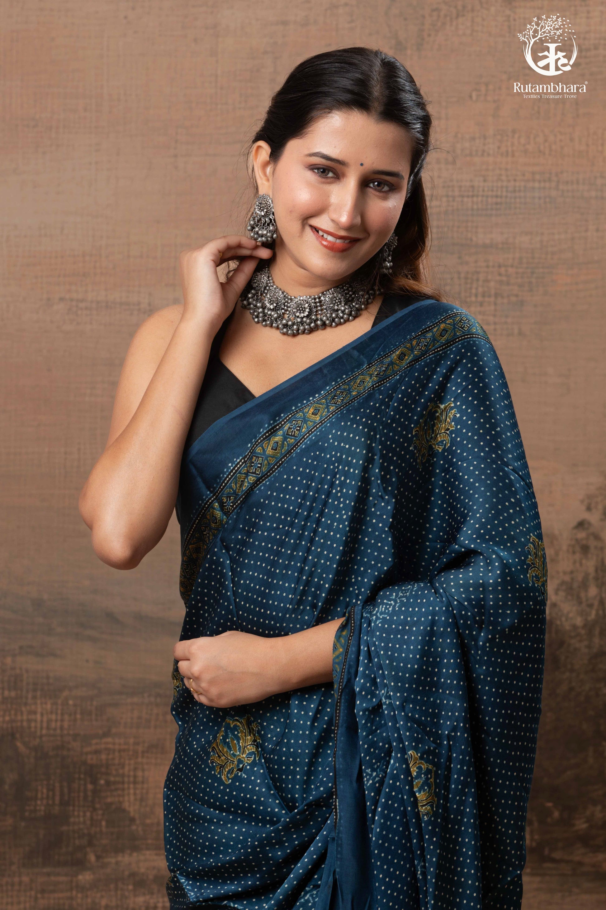 Ushraa - Indigo Polka Dot Ajrakh Hand Block Printed Saree in Modal Silk-RUTAMBHARA-RUTAMBHARA