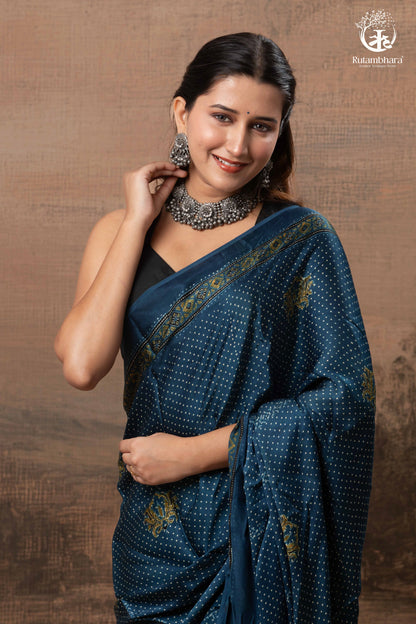 Ushraa - Indigo Polka Dot Ajrakh Hand Block Printed Saree in Modal Silk-RUTAMBHARA-RUTAMBHARA
