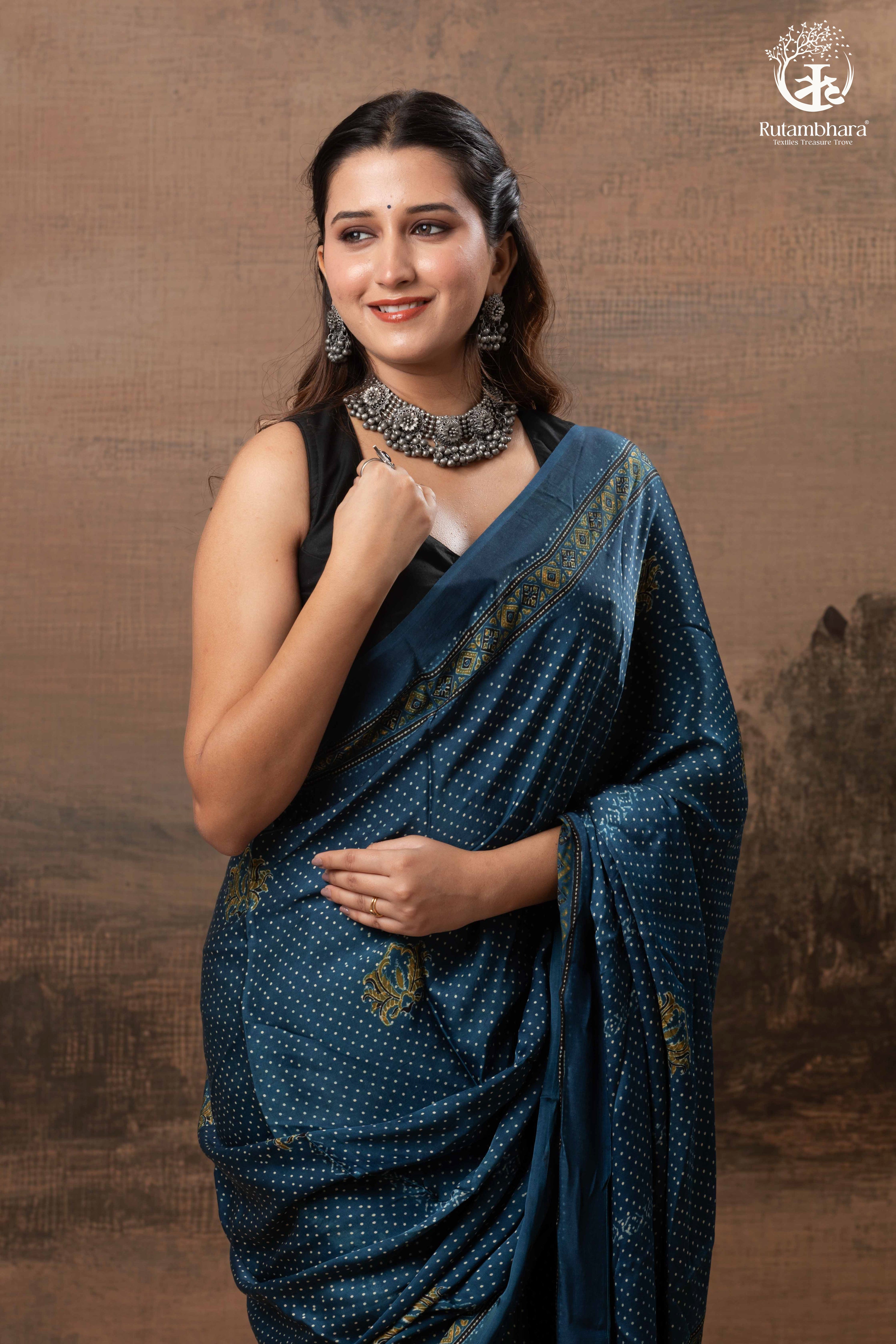 Ushraa - Indigo  Polka Dot Ajrakh Hand Block Printed Saree in Modal Silk