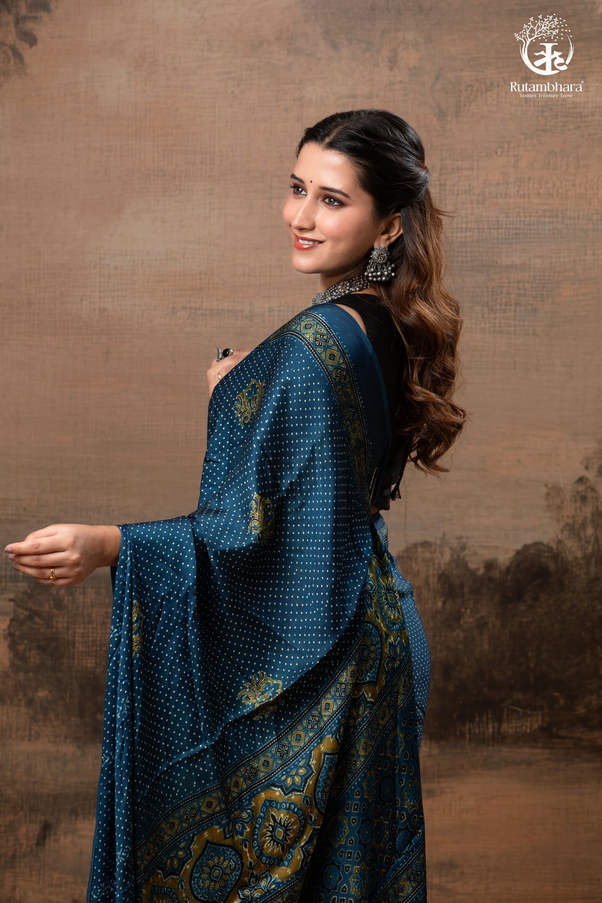 Ushraa - Indigo  Polka Dot Ajrakh Hand Block Printed Saree in Modal Silk