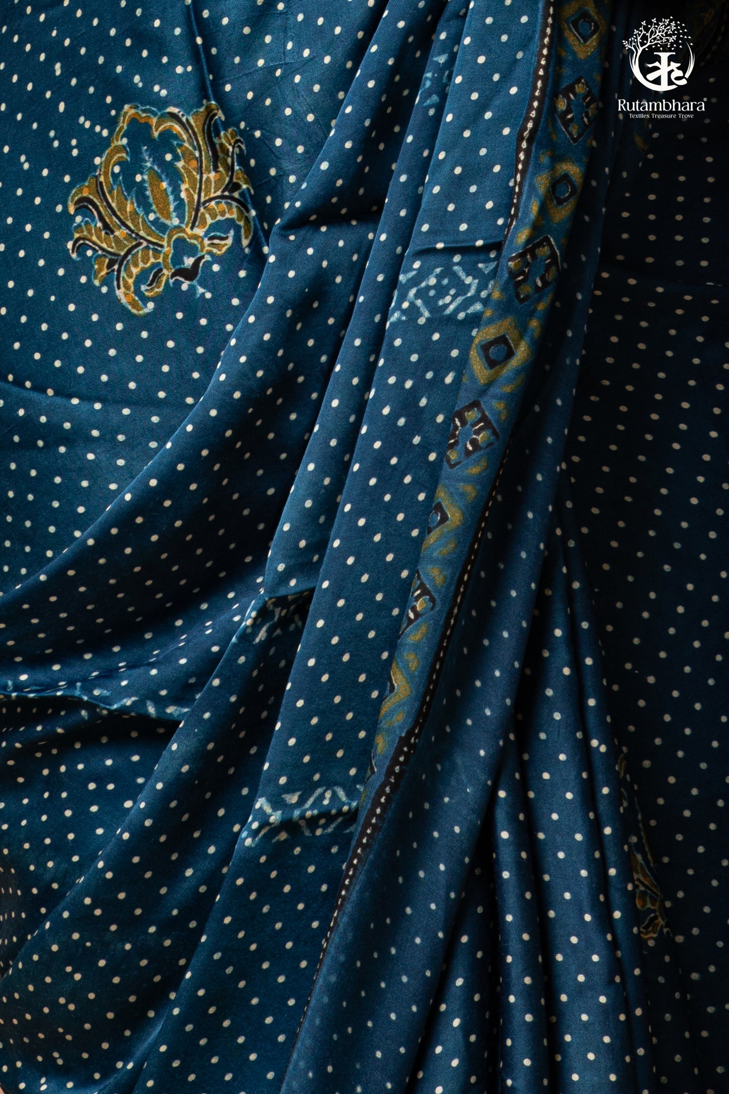 Ushraa - Indigo  Polka Dot Ajrakh Hand Block Printed Saree in Modal Silk
