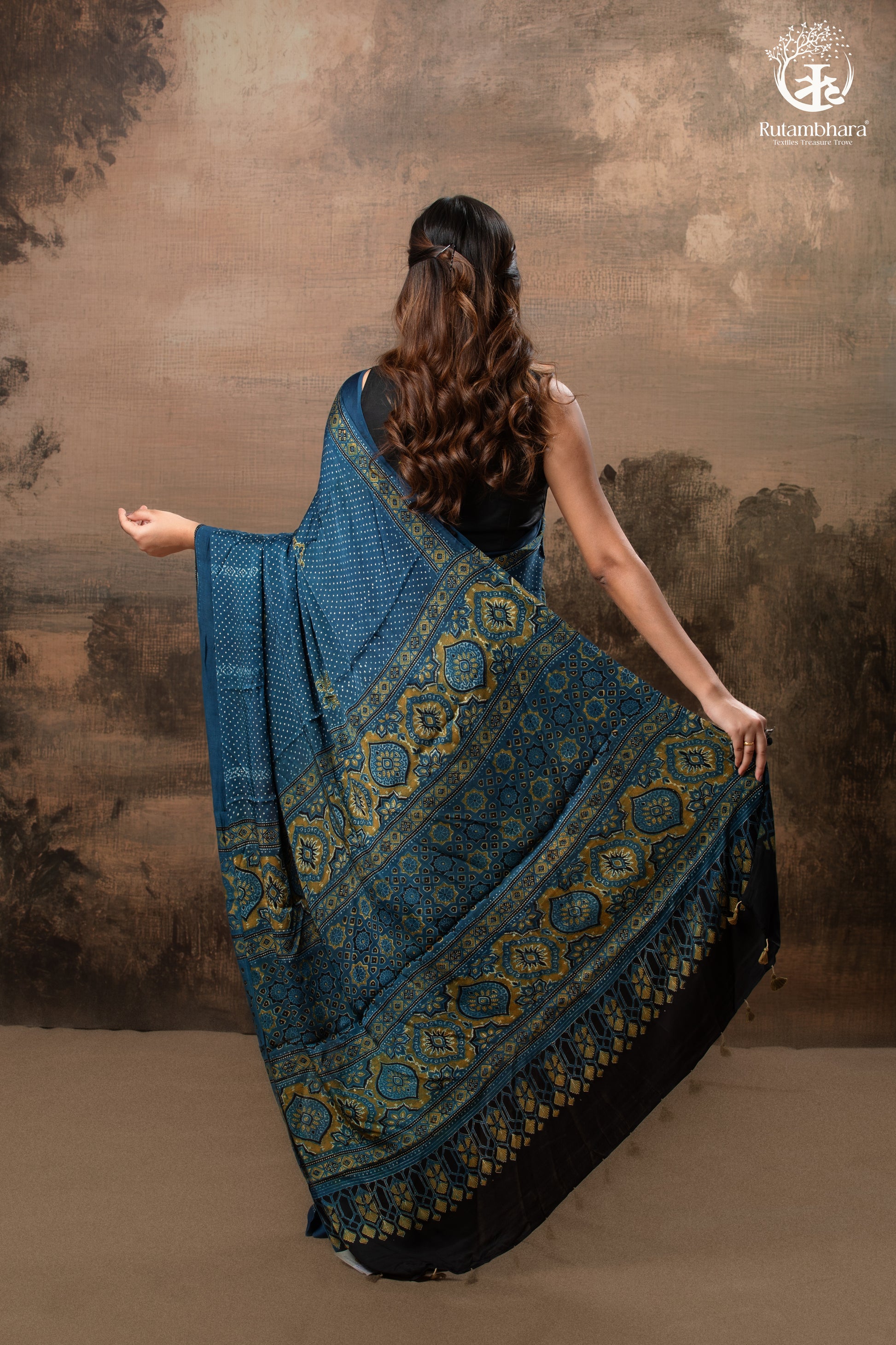Ushraa - Indigo Polka Dot Ajrakh Hand Block Printed Saree in Modal Silk-RUTAMBHARA-RUTAMBHARA