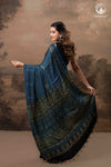 Ushraa - Indigo  Polka Dot Ajrakh Hand Block Printed Saree in Modal Silk