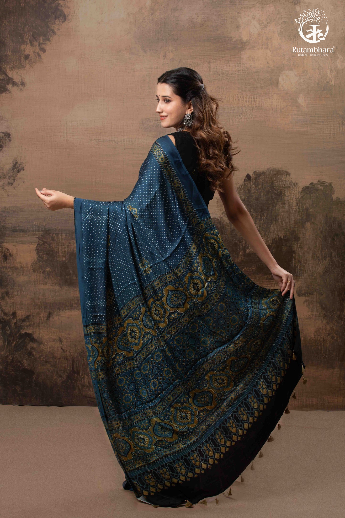 Ushraa - Indigo  Polka Dot Ajrakh Hand Block Printed Saree in Modal Silk