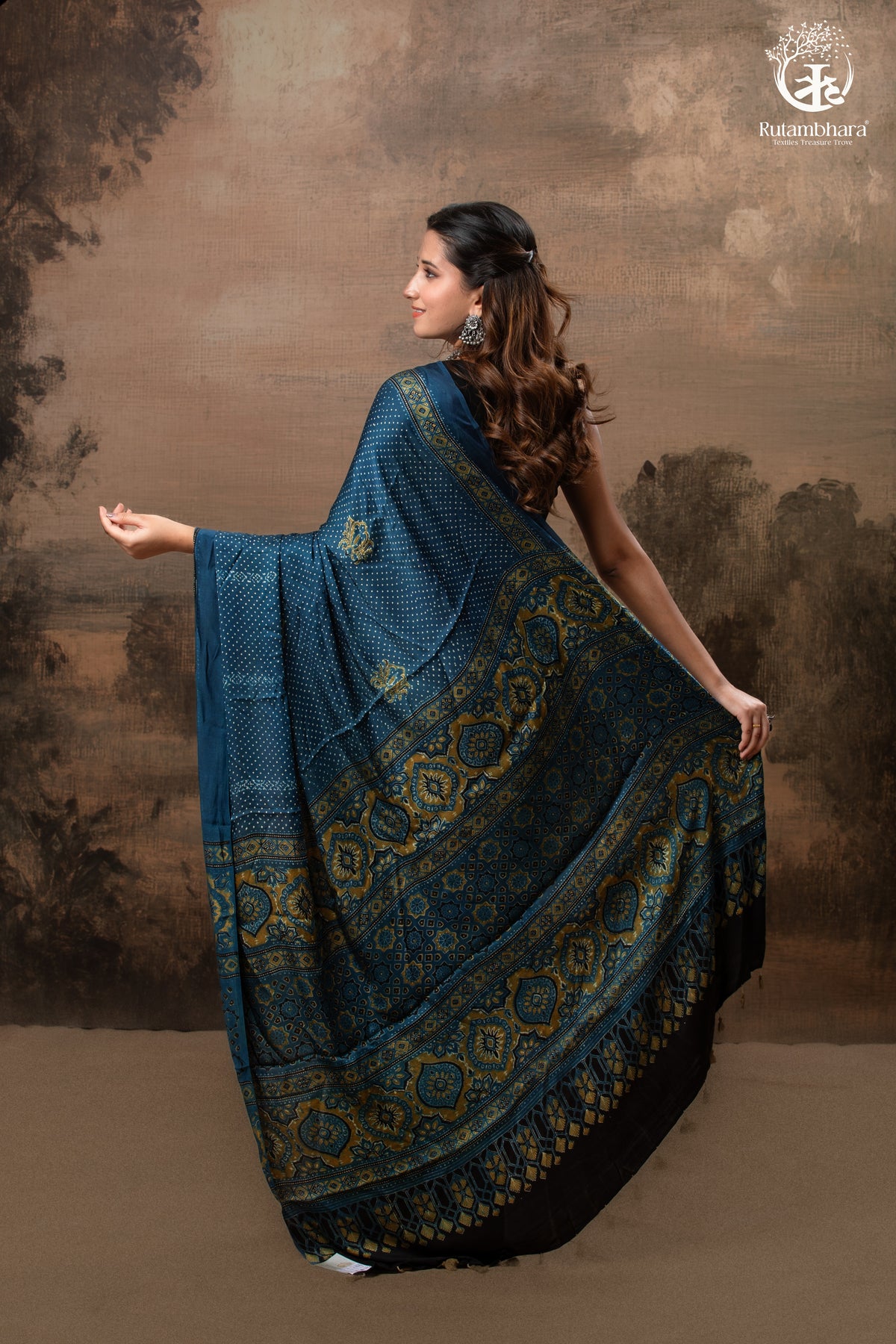 Ushraa - Indigo  Polka Dot Ajrakh Hand Block Printed Saree in Modal Silk