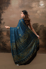 Ushraa - Indigo Polka Dot Ajrakh Hand Block Printed Saree in Modal Silk-RUTAMBHARA-RUTAMBHARA