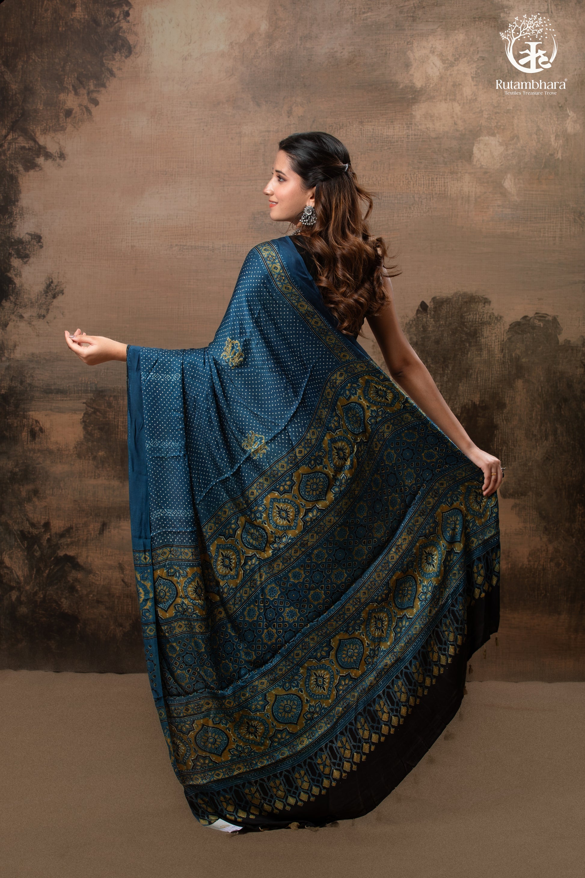 Ushraa - Indigo Polka Dot Ajrakh Hand Block Printed Saree in Modal Silk-RUTAMBHARA-RUTAMBHARA
