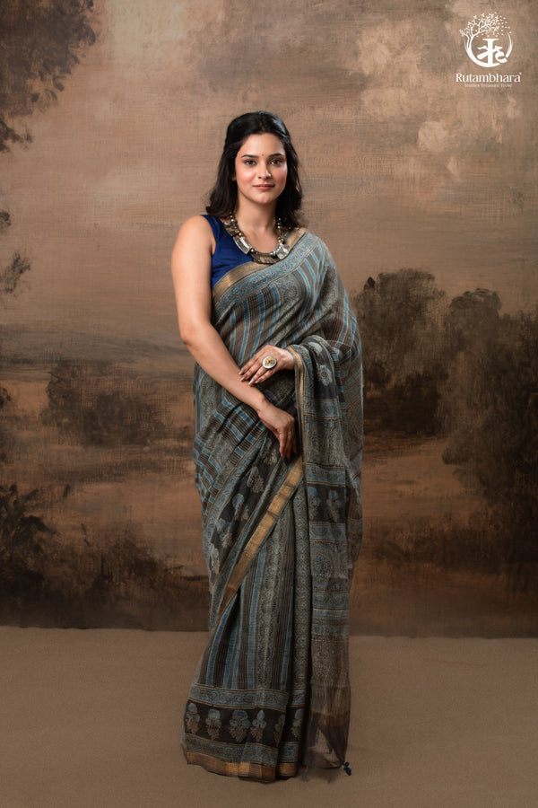 Ushraa - Ajrakh Print Kota Silk Saree with Vintage Stripes & Zari Border-RUTAMBHARA-RUTAMBHARA