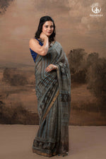 Ushraa - Ajrakh Print Kota Silk Saree with Vintage Stripes & Zari Border-RUTAMBHARA-RUTAMBHARA