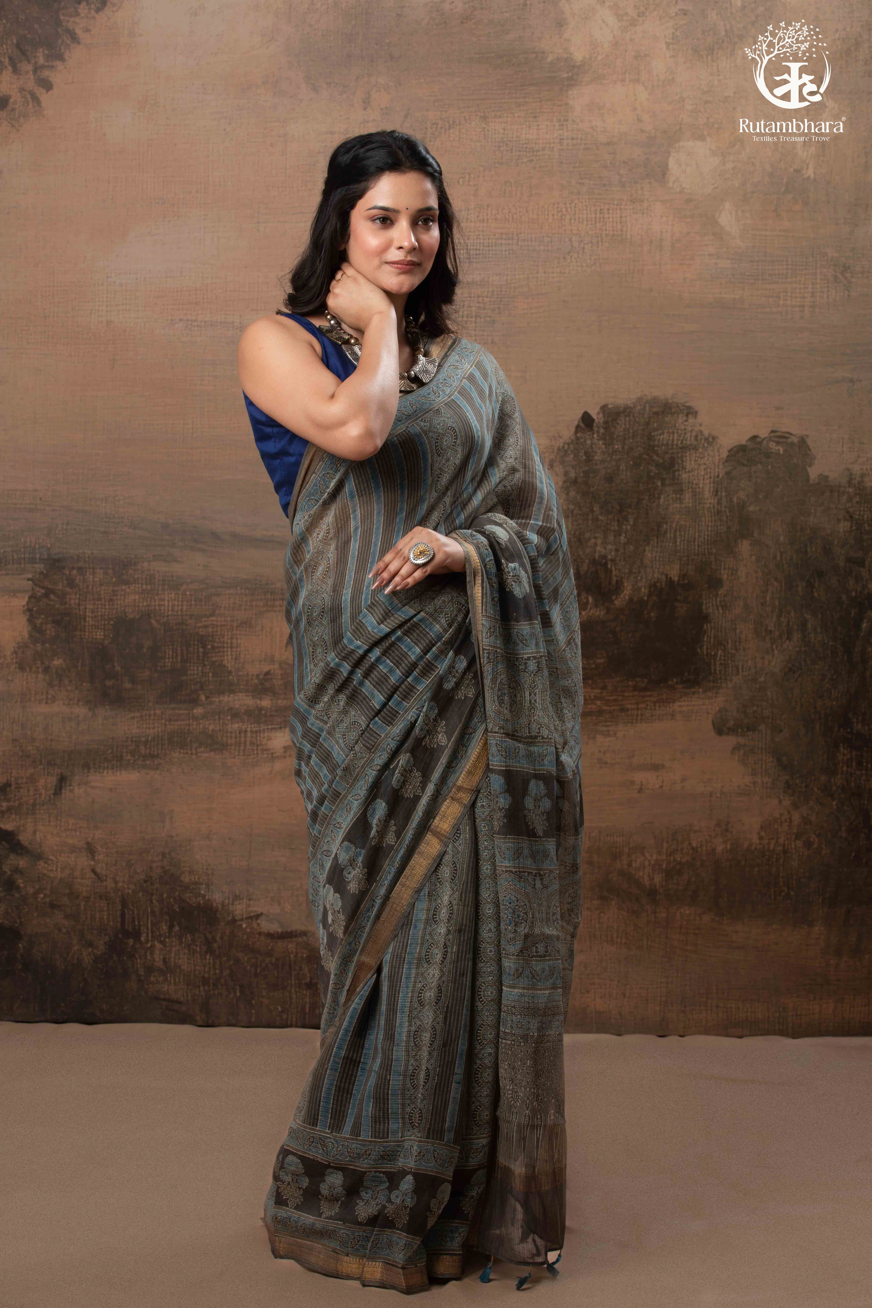 Ushraa - Ajrakh Print Kota Silk Saree with Vintage Stripes & Zari Border