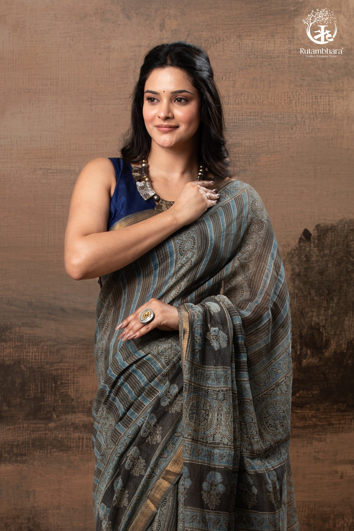 Ushraa - Ajrakh Print Kota Silk Saree with Vintage Stripes & Zari Border