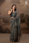 Ushraa - Ajrakh Print Kota Silk Saree with Vintage Stripes & Zari Border