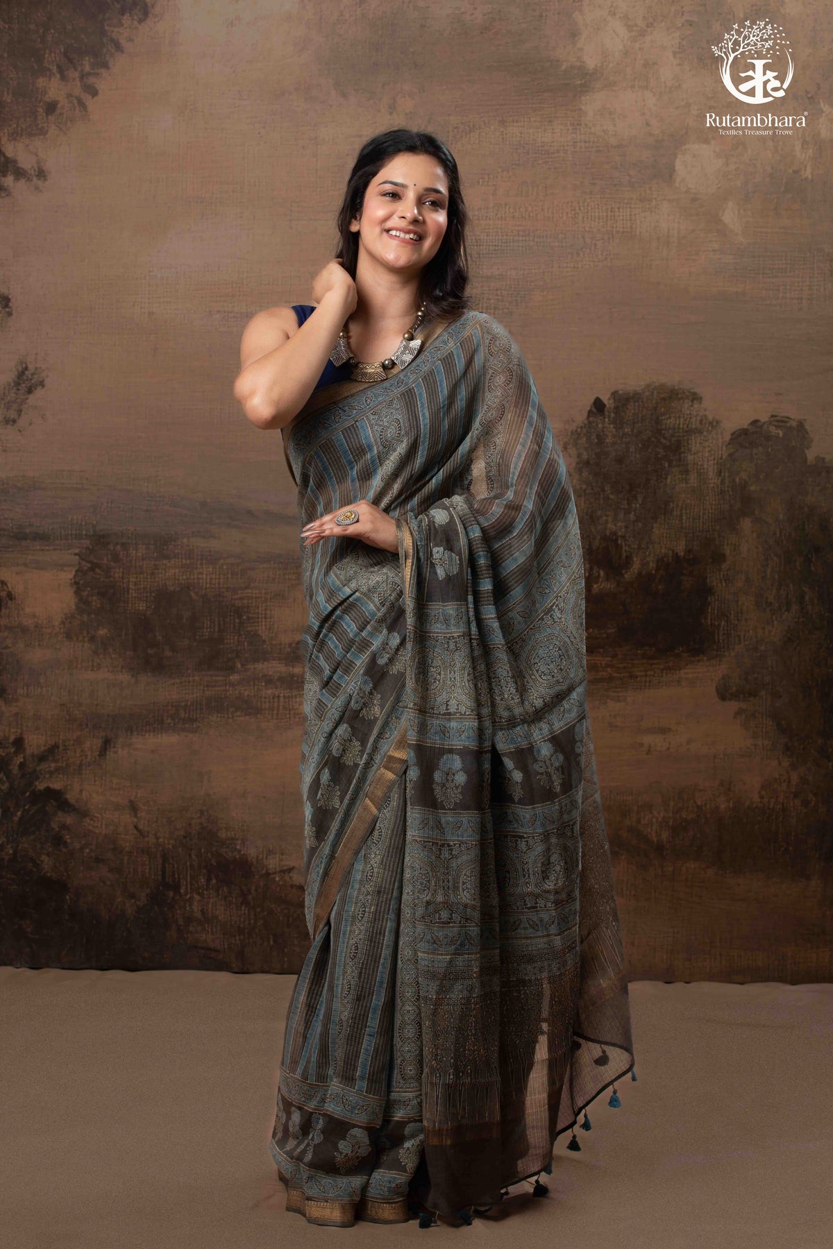 Ushraa - Ajrakh Print Kota Silk Saree with Vintage Stripes & Zari Border