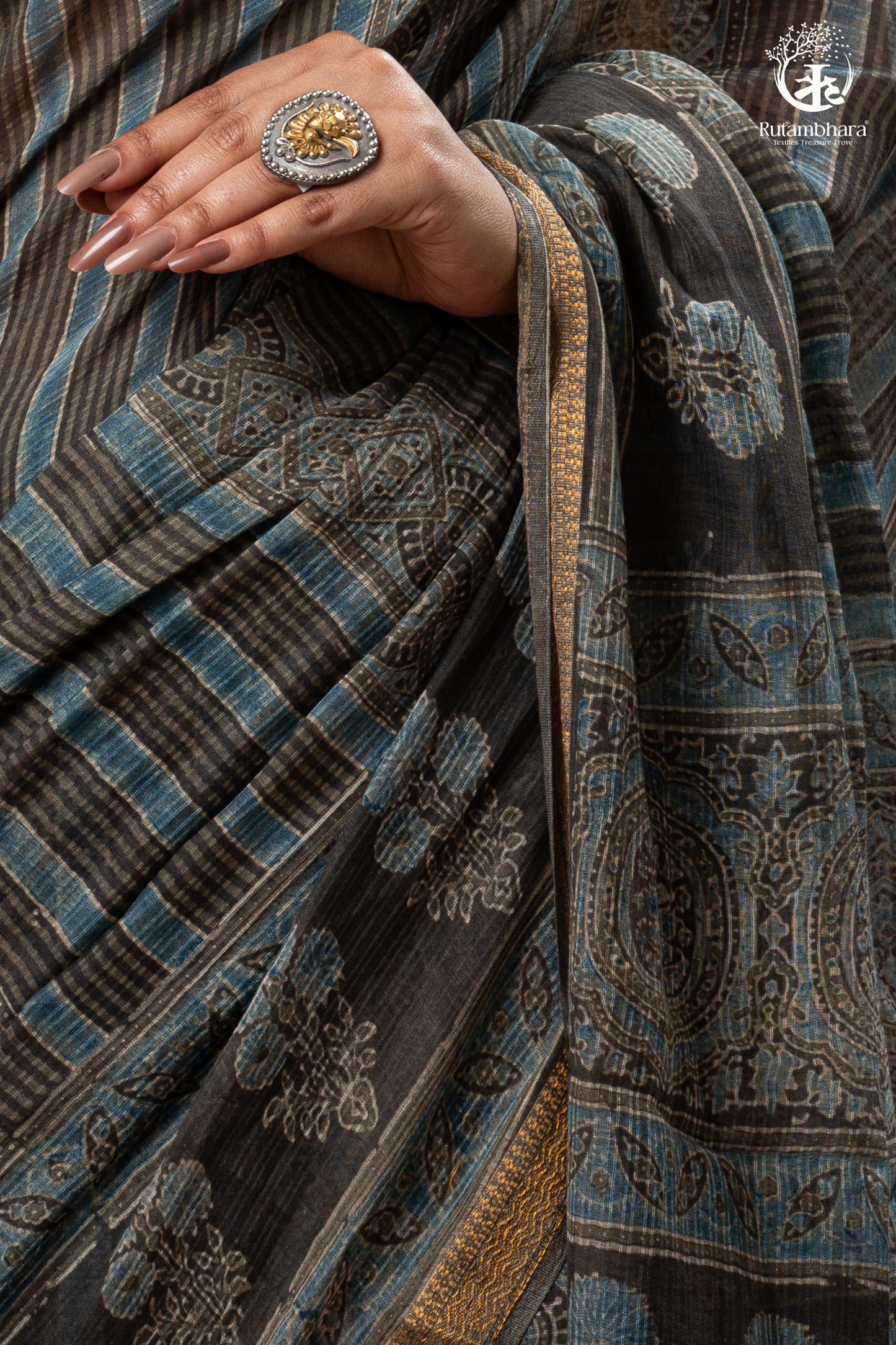 Ushraa - Ajrakh Print Kota Silk Saree with Vintage Stripes & Zari Border