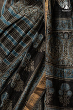 Ushraa - Ajrakh Print Kota Silk Saree with Vintage Stripes & Zari Border-RUTAMBHARA-RUTAMBHARA