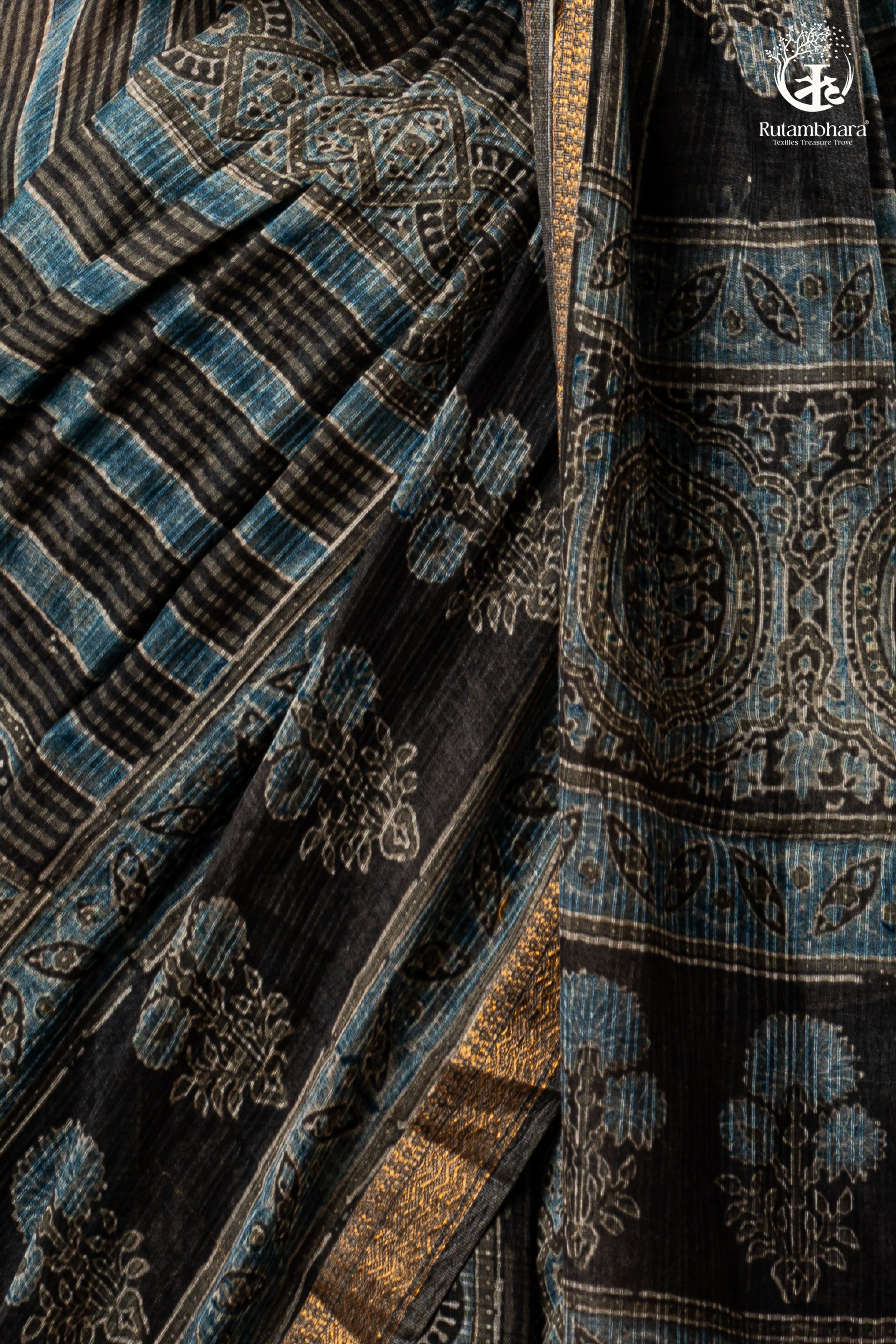 Ushraa - Ajrakh Print Kota Silk Saree with Vintage Stripes & Zari Border
