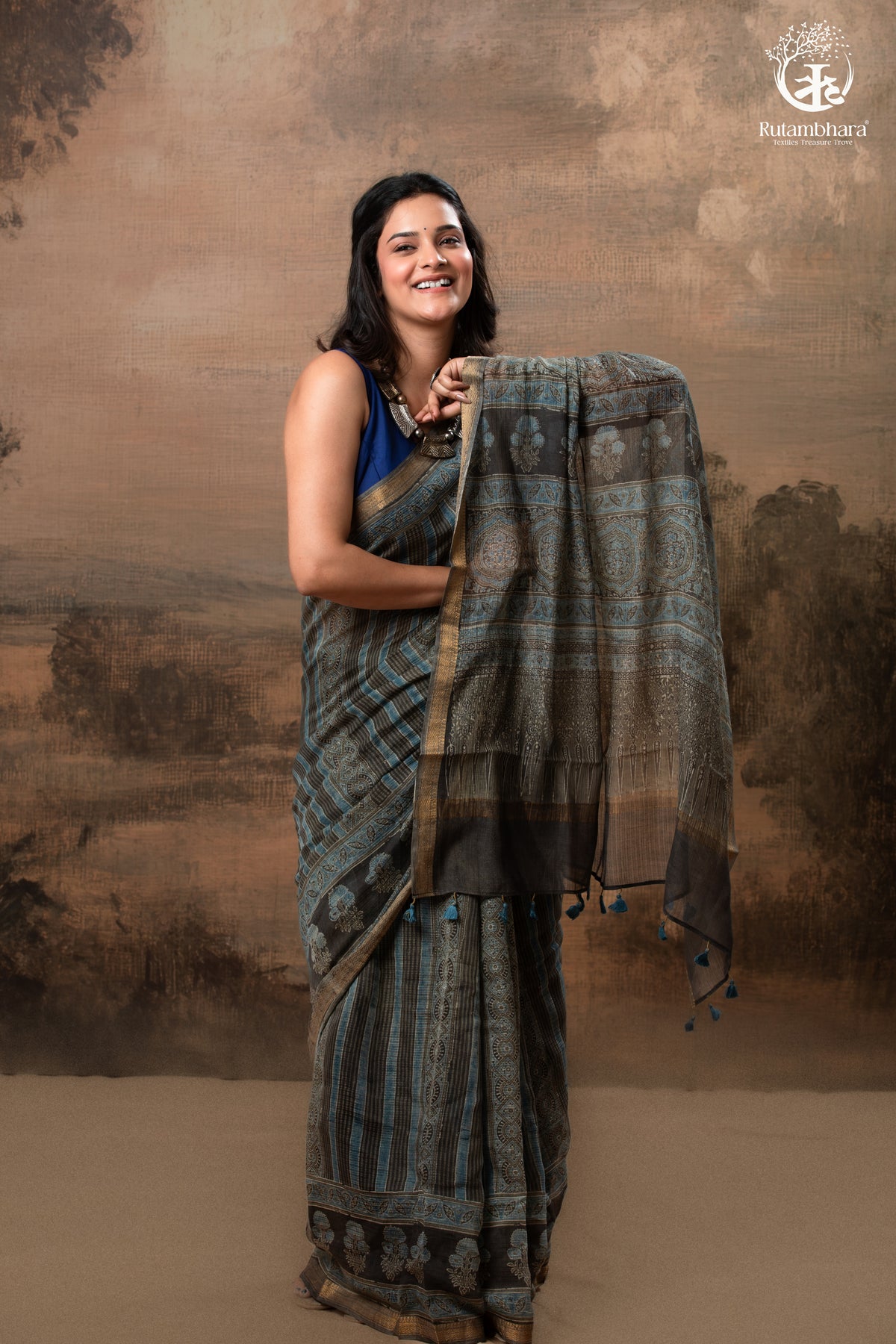Ushraa - Ajrakh Print Kota Silk Saree with Vintage Stripes & Zari Border