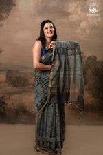 Ushraa - Ajrakh Print Kota Silk Saree with Vintage Stripes & Zari Border-RUTAMBHARA-RUTAMBHARA