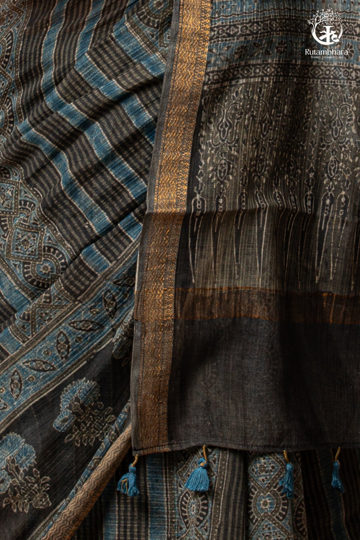 Ushraa - Ajrakh Print Kota Silk Saree with Vintage Stripes & Zari Border