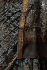 Ushraa - Ajrakh Print Kota Silk Saree with Vintage Stripes & Zari Border-RUTAMBHARA-RUTAMBHARA