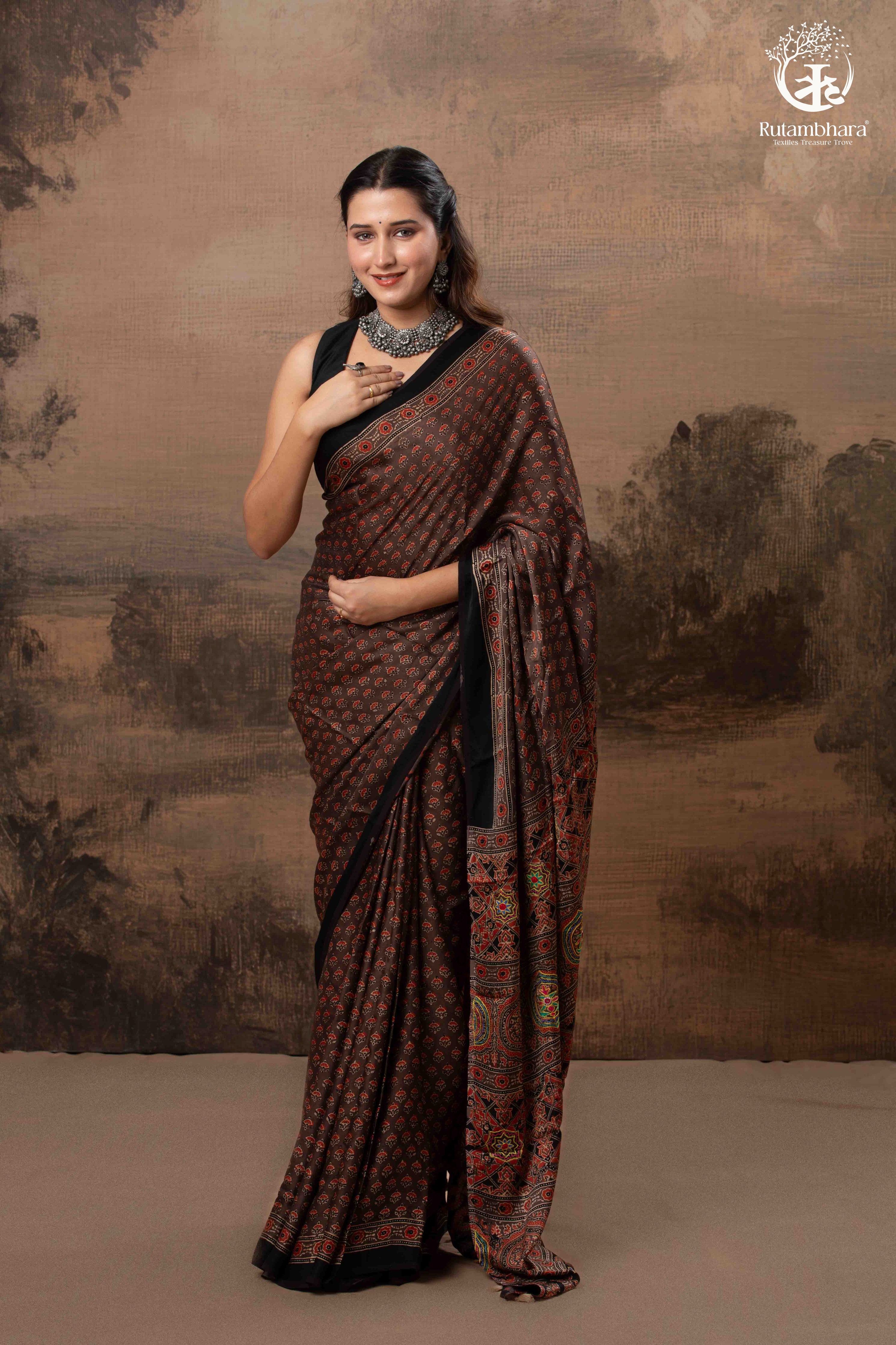Ushraa - Sandstone Ajrakh Modal Silk Saree with Hand  Embroidered Pallu