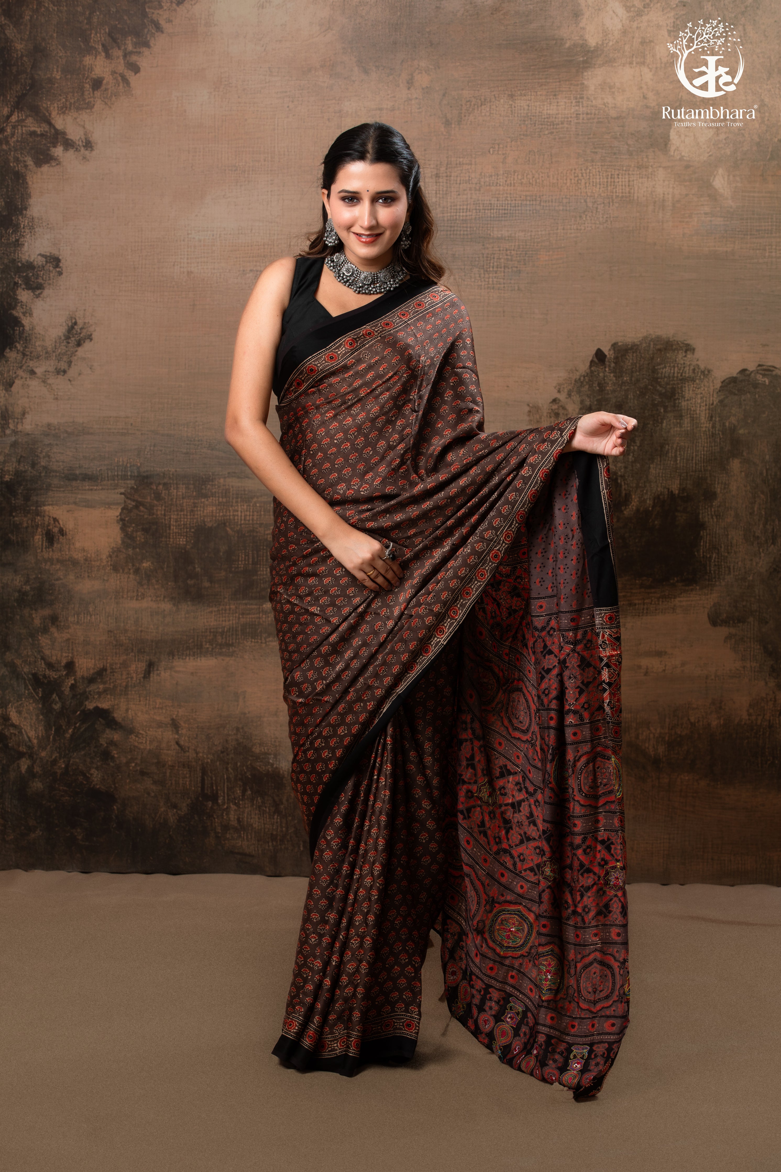 Ushraa - Sandstone Ajrakh Modal Silk Saree with Hand  Embroidered Pallu
