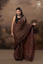 Ushraa - Sandstone Ajrakh Modal Silk Saree with Hand Embroidered Pallu-RUTAMBHARA-RUTAMBHARA