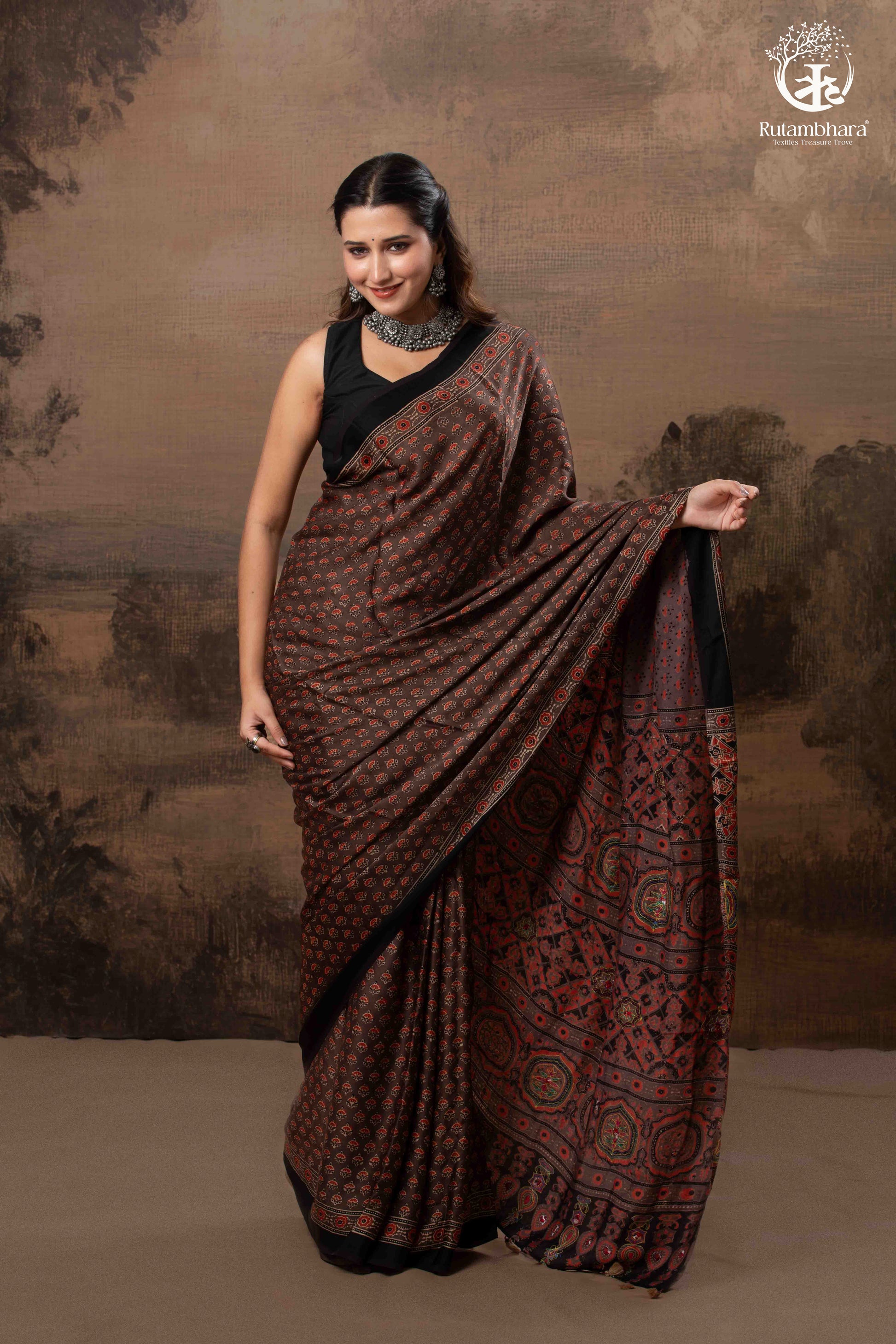 Ushraa - Sandstone Ajrakh Modal Silk Saree with Hand Embroidered Pallu-RUTAMBHARA-RUTAMBHARA