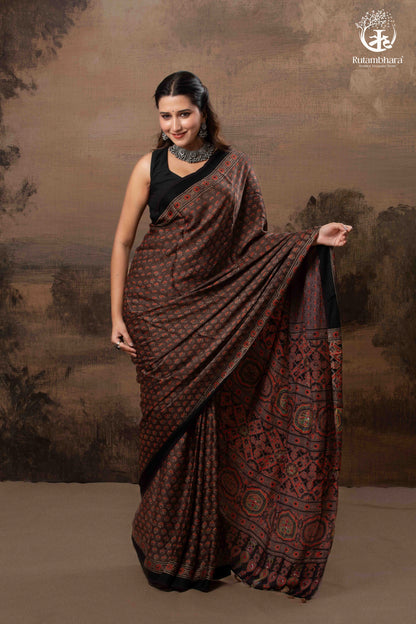 Ushraa - Sandstone Ajrakh Modal Silk Saree with Hand Embroidered Pallu-RUTAMBHARA-RUTAMBHARA