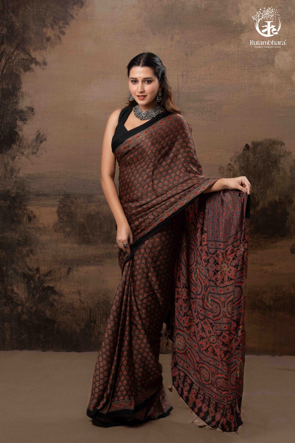 Ushraa - Sandstone Ajrakh Modal Silk Saree with Hand  Embroidered Pallu