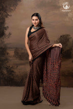 Ushraa - Sandstone Ajrakh Modal Silk Saree with Hand Embroidered Pallu-RUTAMBHARA-RUTAMBHARA